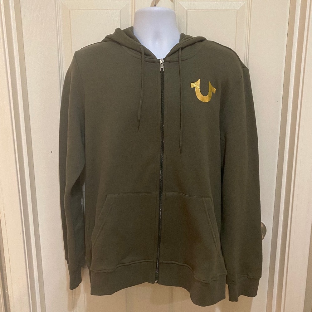 NWT True Religion‎ City Buddha Zip Up Hoodie Jacket Olive Green & Gold- Large